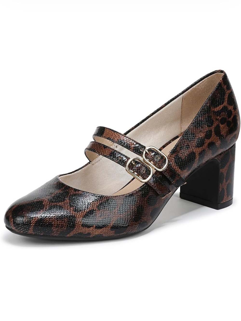 Life Stride Leopard Print Double Strap Block Heel Pumps - Brown/Black
